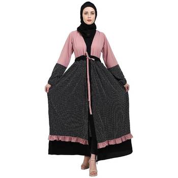 Classic front open abaya with polka dot- Pink-Black 2