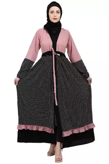 Classic front open abaya with polka dot- Pink-Black