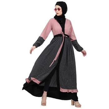 Classic front open abaya with polka dot- Pink-Black 3
