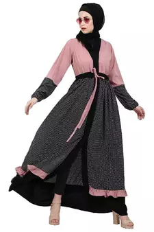 Classic front open abaya with polka dot- Pink-Black