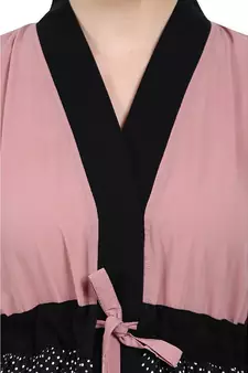 Classic front open abaya with polka dot- Pink-Black