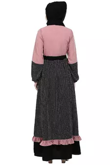 Classic front open abaya with polka dot- Pink-Black