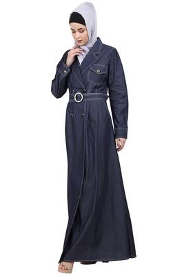 Blue Denim Women’s Cotton Front Open Abaya Dress for EID 2