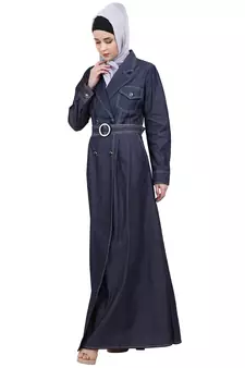 Blue Denim Women’s Cotton Front Open Abaya Dress for EID