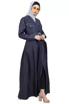 Blue Denim Women’s Cotton Front Open Abaya Dress for EID