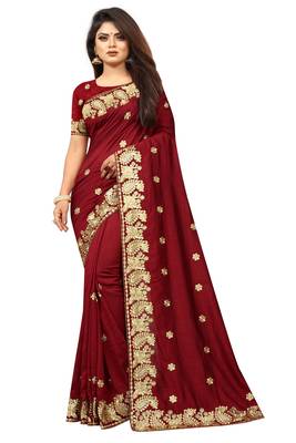 Maroon Vichitra Silk Embriodered Saree With Embriodered Blouse Piece. 1