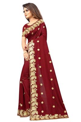 Maroon Vichitra Silk Embriodered Saree With Embriodered Blouse Piece. 2