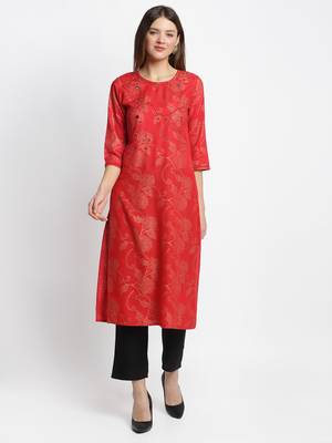 Red embroidered rayon ethnic-kurti Set with Pant 1