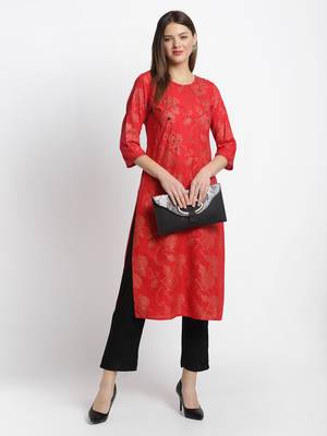 Red embroidered rayon ethnic-kurti Set with Pant 3