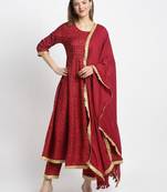 Red embroidered cotton ethnic-kurta pant set With Dupatta