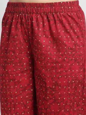Red embroidered cotton ethnic-kurta pant set With Dupatta 4