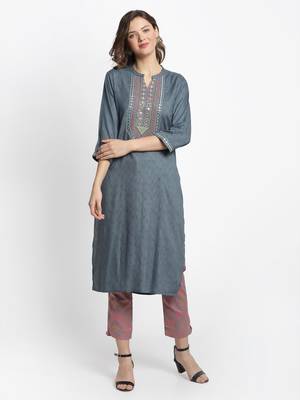 Grey embroidered rayon ethnic-kurta pant set 1