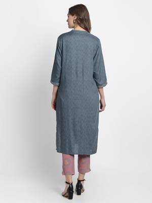 Grey embroidered rayon ethnic-kurta pant set 2