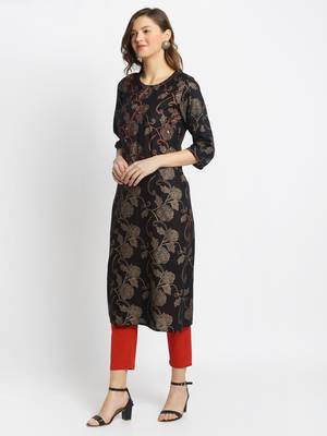 Red embroidered rayon ethnic-kurta pant set 1