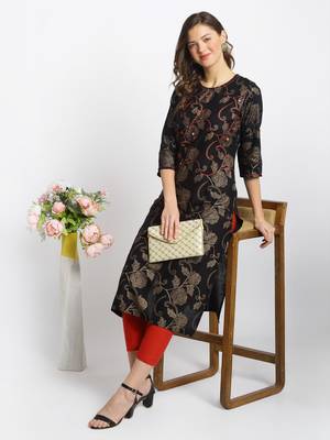Red embroidered rayon ethnic-kurta pant set 3