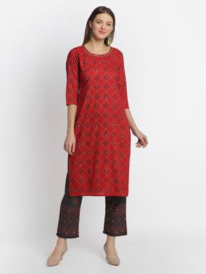 Red embroidered rayon ethnic-kurta pant set 1