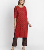 Red embroidered rayon ethnic-kurta pant set