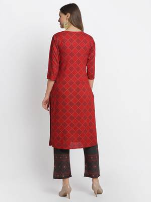 Red embroidered rayon ethnic-kurta pant set 2