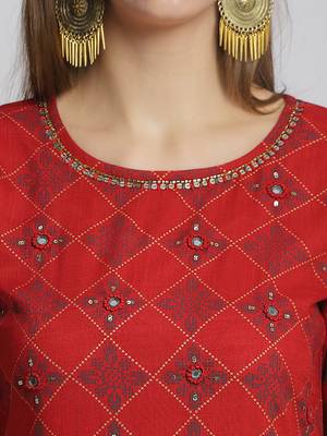 Red embroidered rayon ethnic-kurta pant set 3