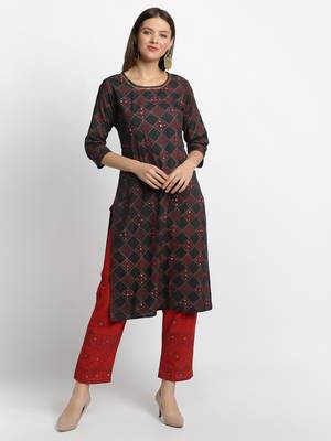 Black embroidered rayon ethnic-kurta pant set 1