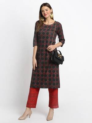 Black embroidered rayon ethnic-kurta pant set 3