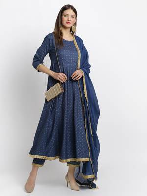 Blue embroidered cotton ethnic-kurta pant set with dupatta 1
