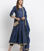 Blue embroidered cotton ethnic-kurta pant set with dupatta