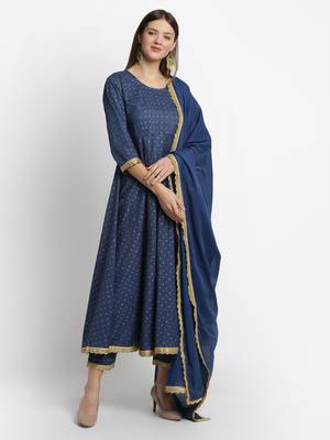Blue embroidered cotton ethnic-kurta pant set with dupatta 3