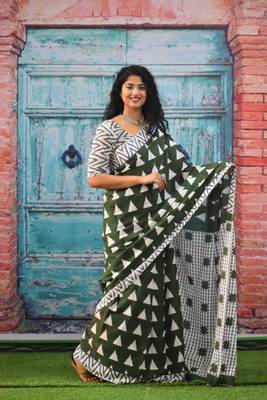 Mehendi printed cotton saree with blouse 1