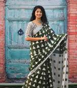Mehendi printed cotton saree with blouse