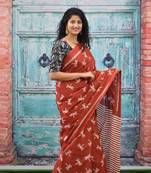 Rust printed cotton saree with blouse