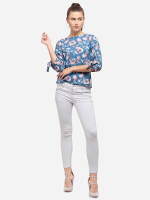 Aqua-blue printed crepe party-tops 1