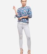 Aqua-blue printed crepe party-tops