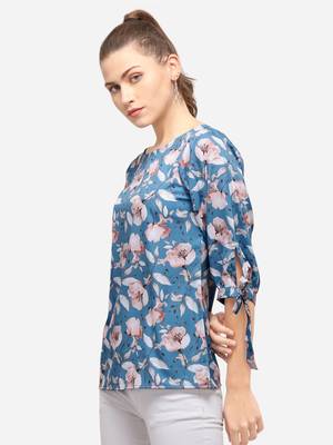 Aqua-blue printed crepe party-tops 3