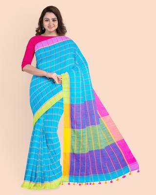 Handloom Multicolored Checkered Khadi Saree with Pompom and Running Blouse Piece 1