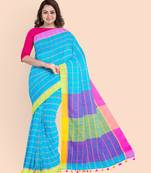 Handloom Multicolored Checkered Khadi Saree with Pompom and Running Blouse Piece