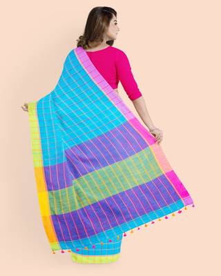 Handloom Multicolored Checkered Khadi Saree with Pompom and Running Blouse Piece 2