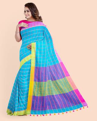 Handloom Multicolored Checkered Khadi Saree with Pompom and Running Blouse Piece 3