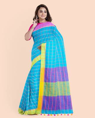 Handloom Multicolored Checkered Khadi Saree with Pompom and Running Blouse Piece 4