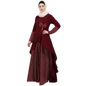 Polka dotted asymmetrical dress abaya- Maroon 2
