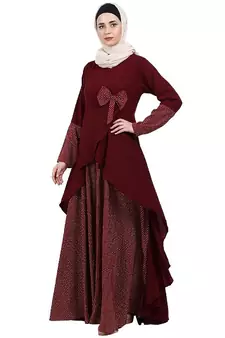 Polka dotted asymmetrical dress abaya- Maroon