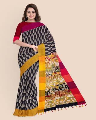 Handloom Khadi Ajrakh Leaf Block Print Multicolored Saree with Blouse piece 1