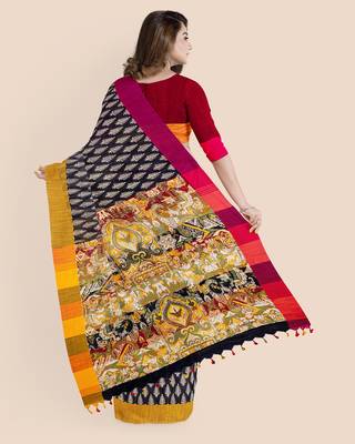 Handloom Khadi Ajrakh Leaf Block Print Multicolored Saree with Blouse piece 2