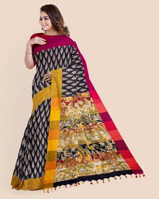 Handloom Khadi Ajrakh Leaf Block Print Multicolored Saree with Blouse piece 3
