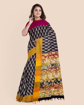 Handloom Khadi Ajrakh Leaf Block Print Multicolored Saree with Blouse piece 4