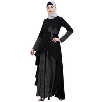 Polka dotted asymmetrical dress abaya- Black 2