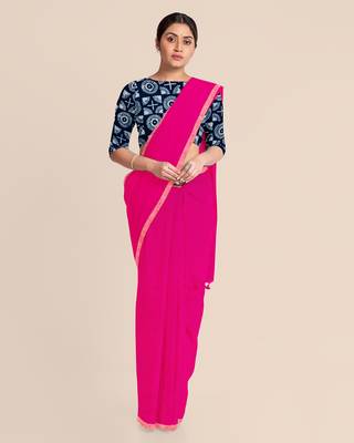 Khadi Handloom Zari Border Saree with Blouse Piece (Fuschia Pink) 1