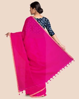 Khadi Handloom Zari Border Saree with Blouse Piece (Fuschia Pink) 2
