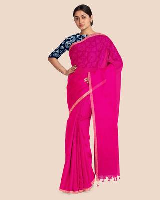 Khadi Handloom Zari Border Saree with Blouse Piece (Fuschia Pink) 4