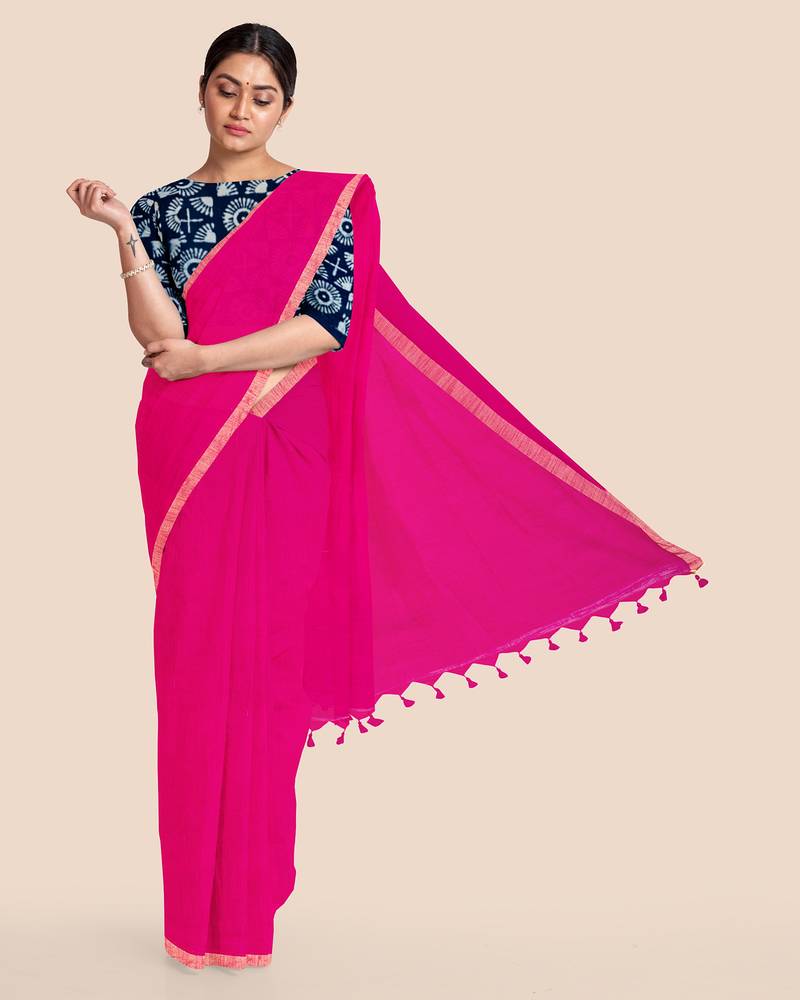 Khadi Handloom Zari Border Saree with Blouse Piece (Fuschia Pink)